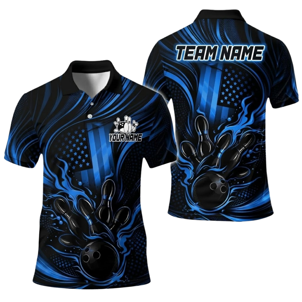 Custom Black And Pink Flame Mens American Flag Bowling Polo Shirt, Custom Flame Bowling Team Shirts BE0220