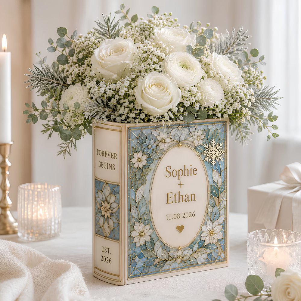 Personalized Floral Wedding Engagement Stained Glass Ceramic Book Vase, Personalized Wedding Stained Glass Book Vase WD0607