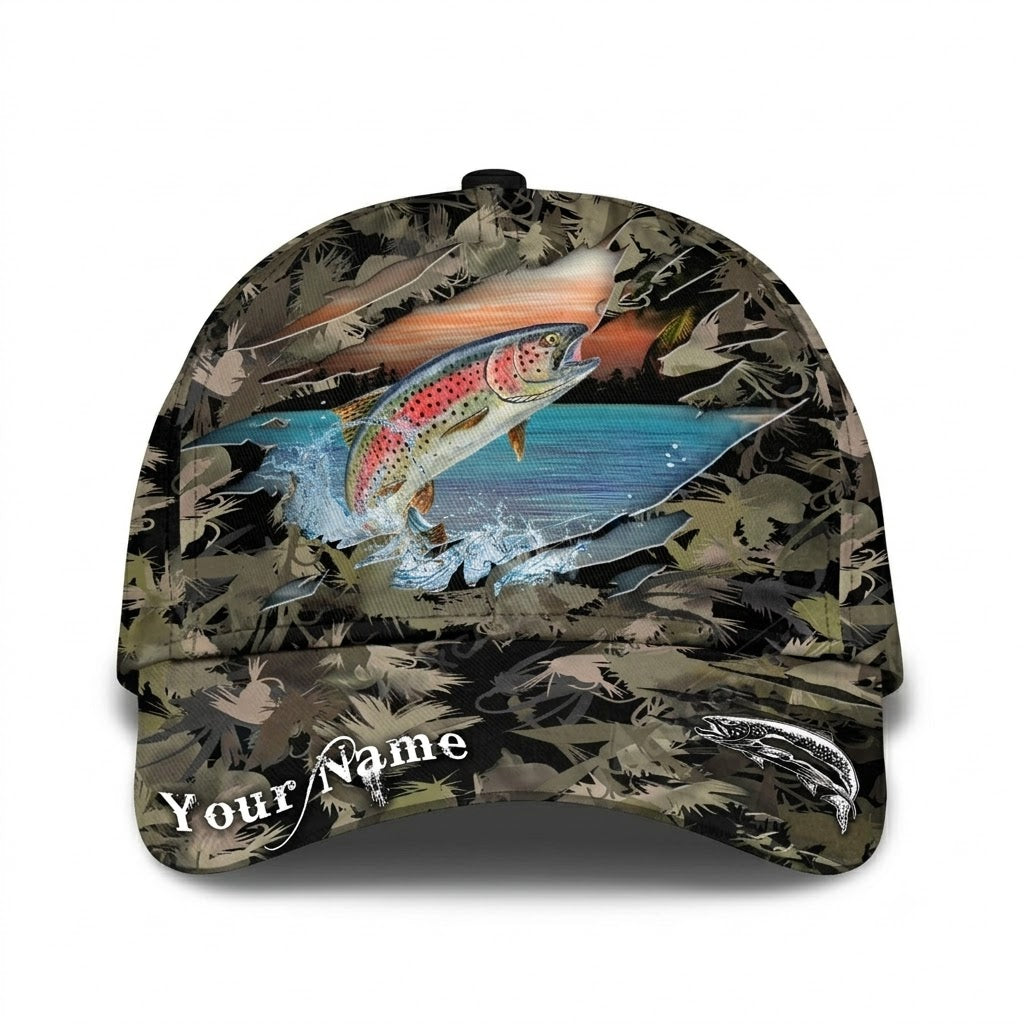 Custom Trout Fishing Camouflage Baseball Cap, Custom Name Fishing Cap Hat CP0754