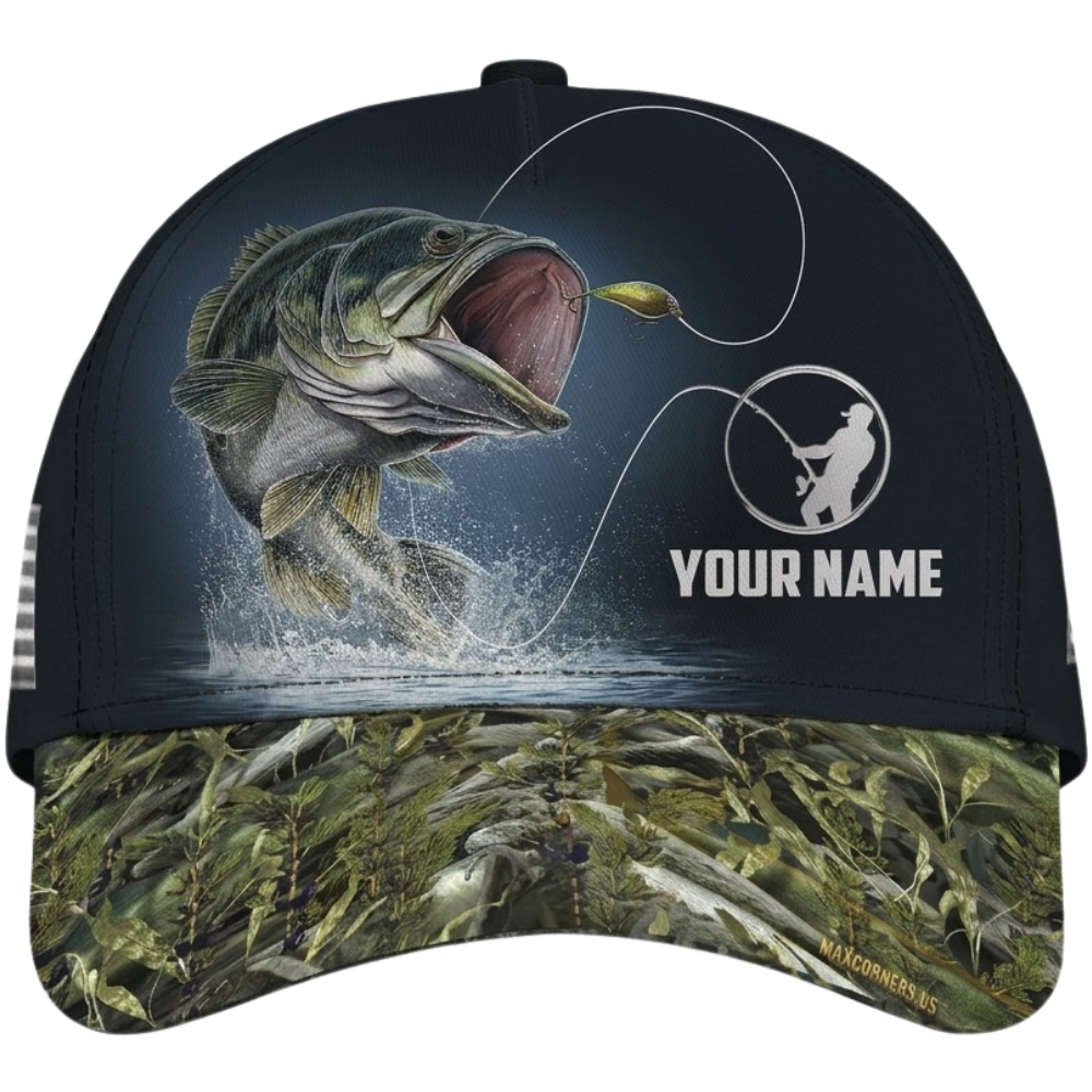 Largmouth Bass Custom Fishing Baseball Cap, Custom Bass Fishing Cap Hat CP0713