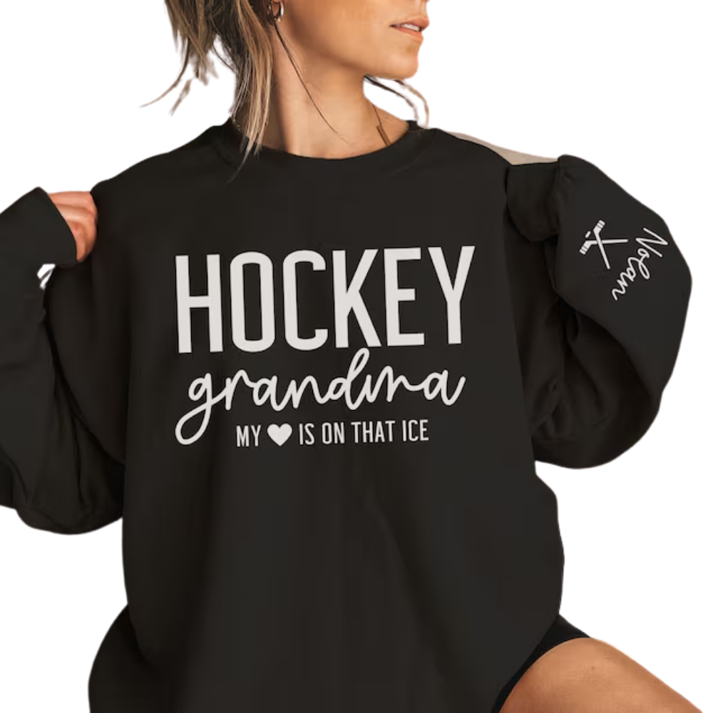 Hockey Grandma My Heart Is On That Ice Custom Grandkid Name Sweatshirt, Custom Hockey Grandmother Sweatshirt 2D1024