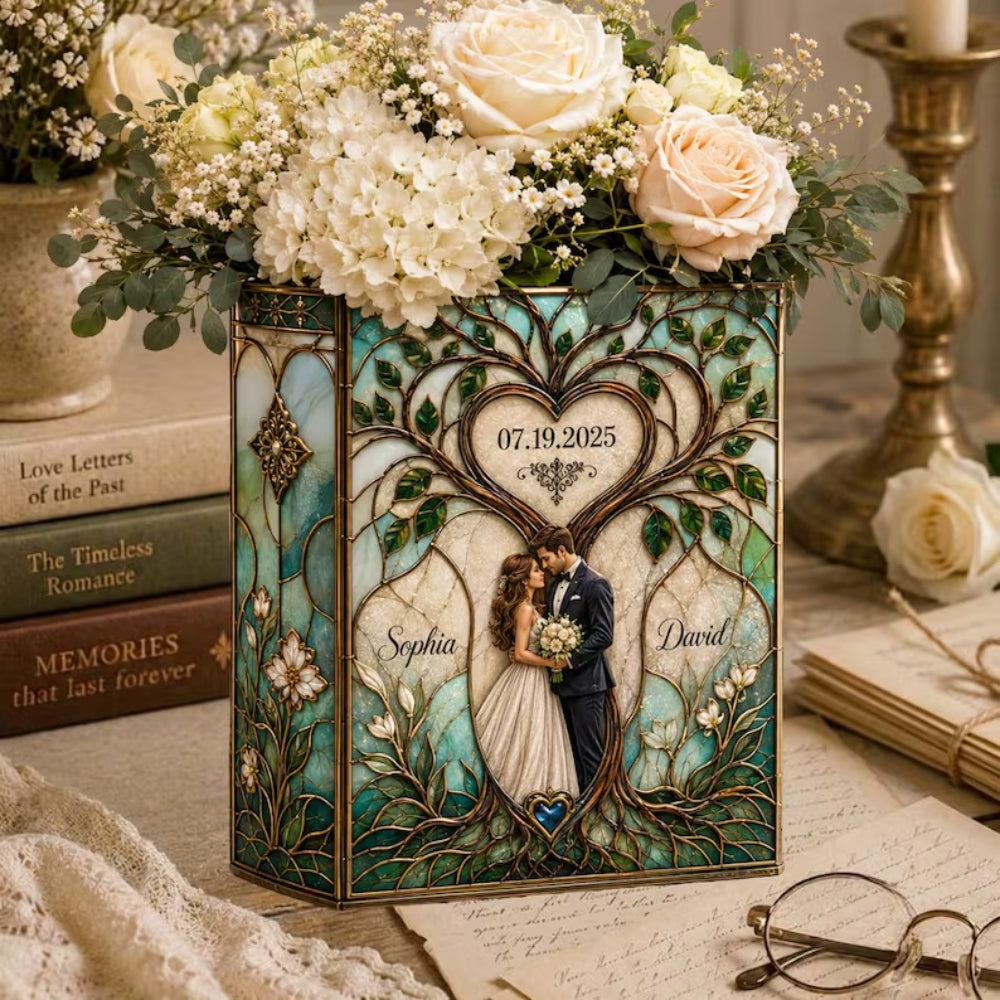 Personalized Wedding Couple Heart Tree Stained Glass Ceramic Book Vase, Custom Stained Glass Wedding Book Vase WD0654