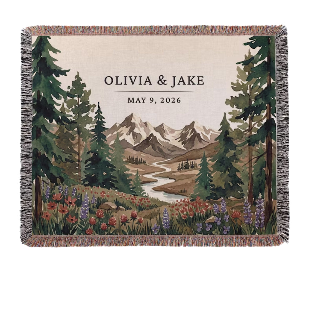Personalized Mountain Forest Woven Blanket For Couple, Custom Wedding Blanket WD0349