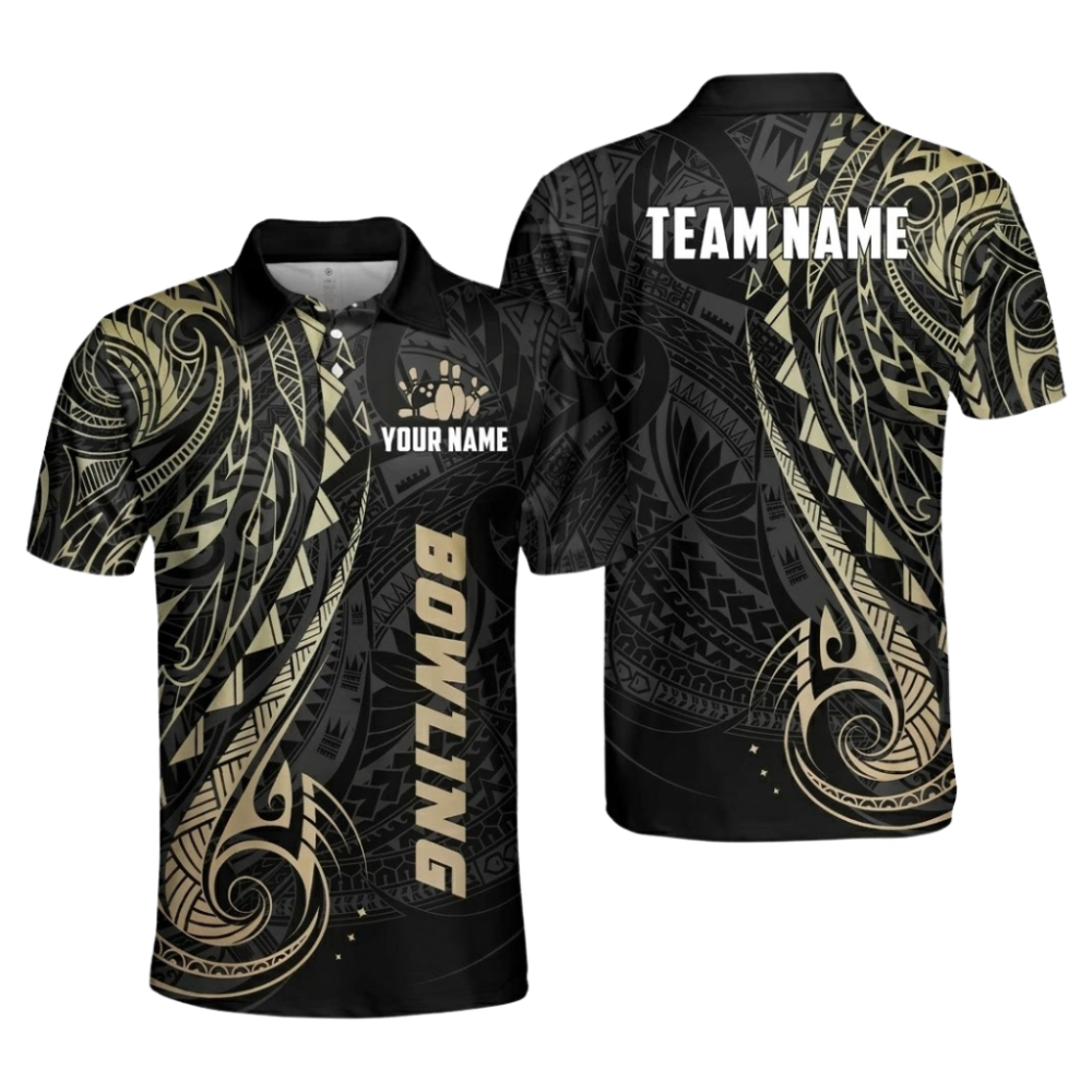 Custom Tribal Black And Blue Men's Bowling Polo Shirts, Custom Tribal Team Bowling Shirts BZ1051