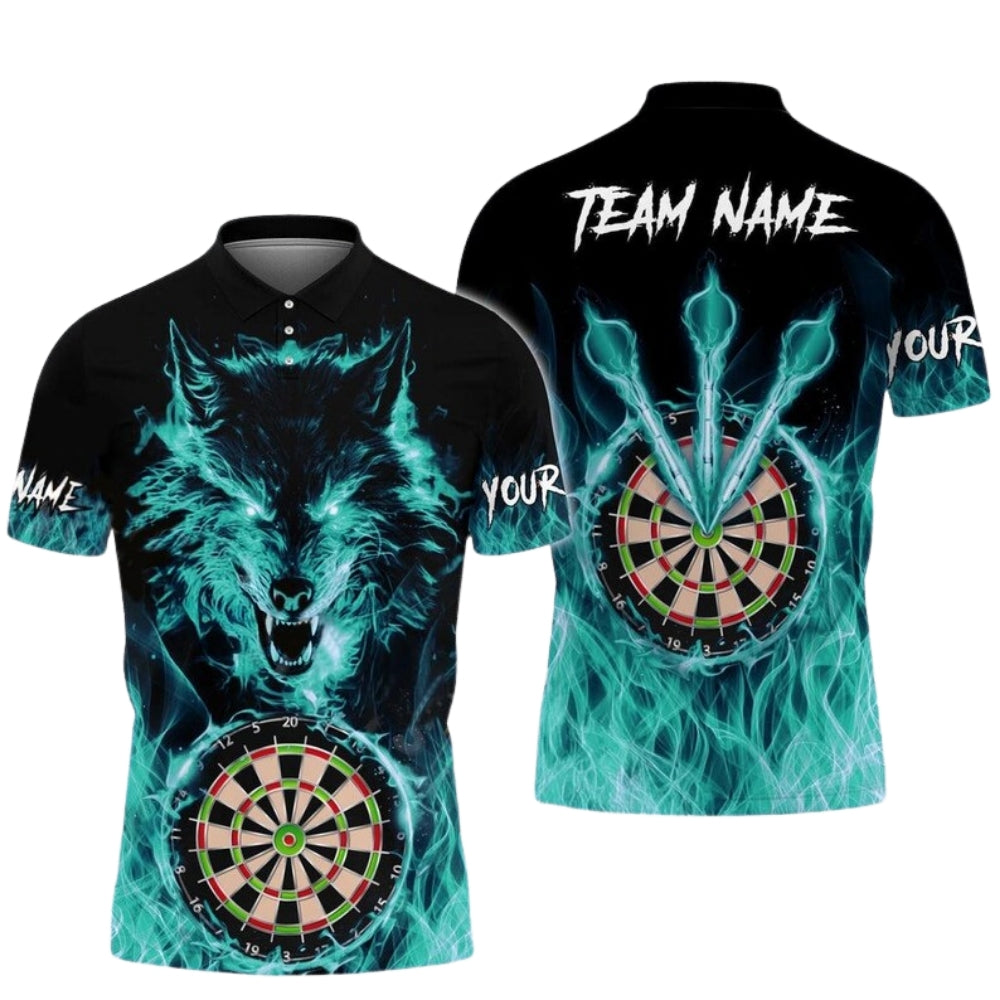 Custom Blue Flame Wolf Darts Polo Shirt For Men, Custom Wolf Darts Team Shirts DE0011