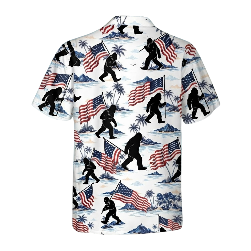 Tropical Bigfoot American Flag Hawaiian Shirt Mens, Sasquatch Patriotic Hawaiian Shirts HE0582