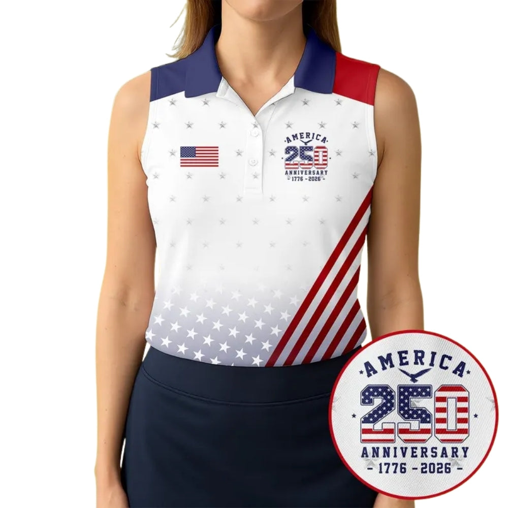 American Flag 250th Anniversary Women's Sleeveless Golf Shirts, 4th Of July Golf Shirts For Ladies GE0387