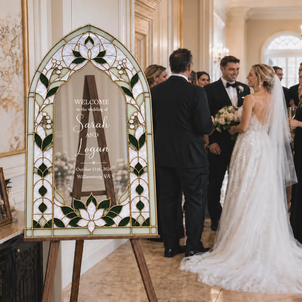 Custom White And Emerald Green Flower Stained Glass Wedding Acrylic Mirror Welcome Sign, Custom Floral Stained Glass Sign For Wedding WD0729