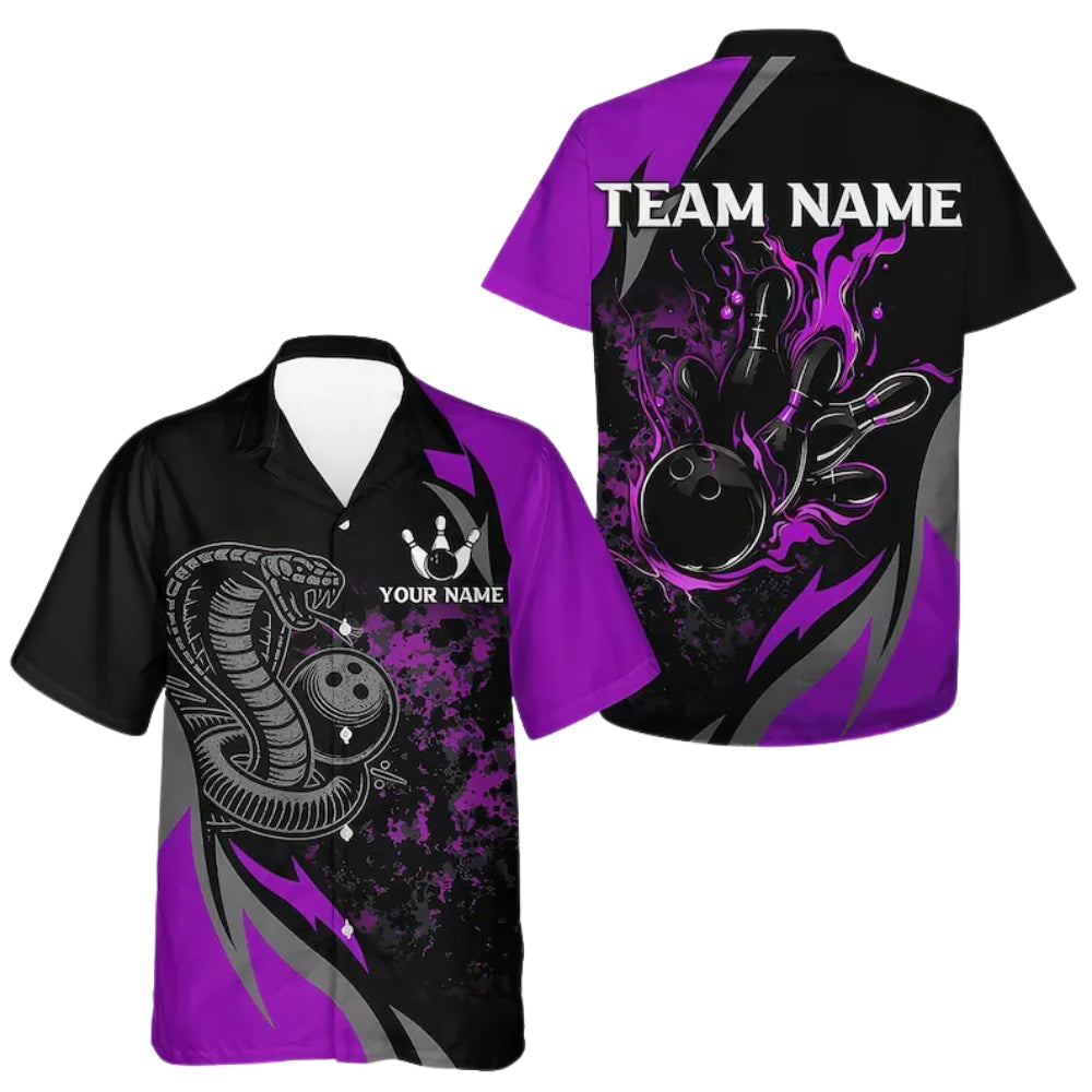 Custom Snake Black And Purple Bowling Hawaiian Shirt For Men, Custom Snake Bowling Team Shirts BE0154