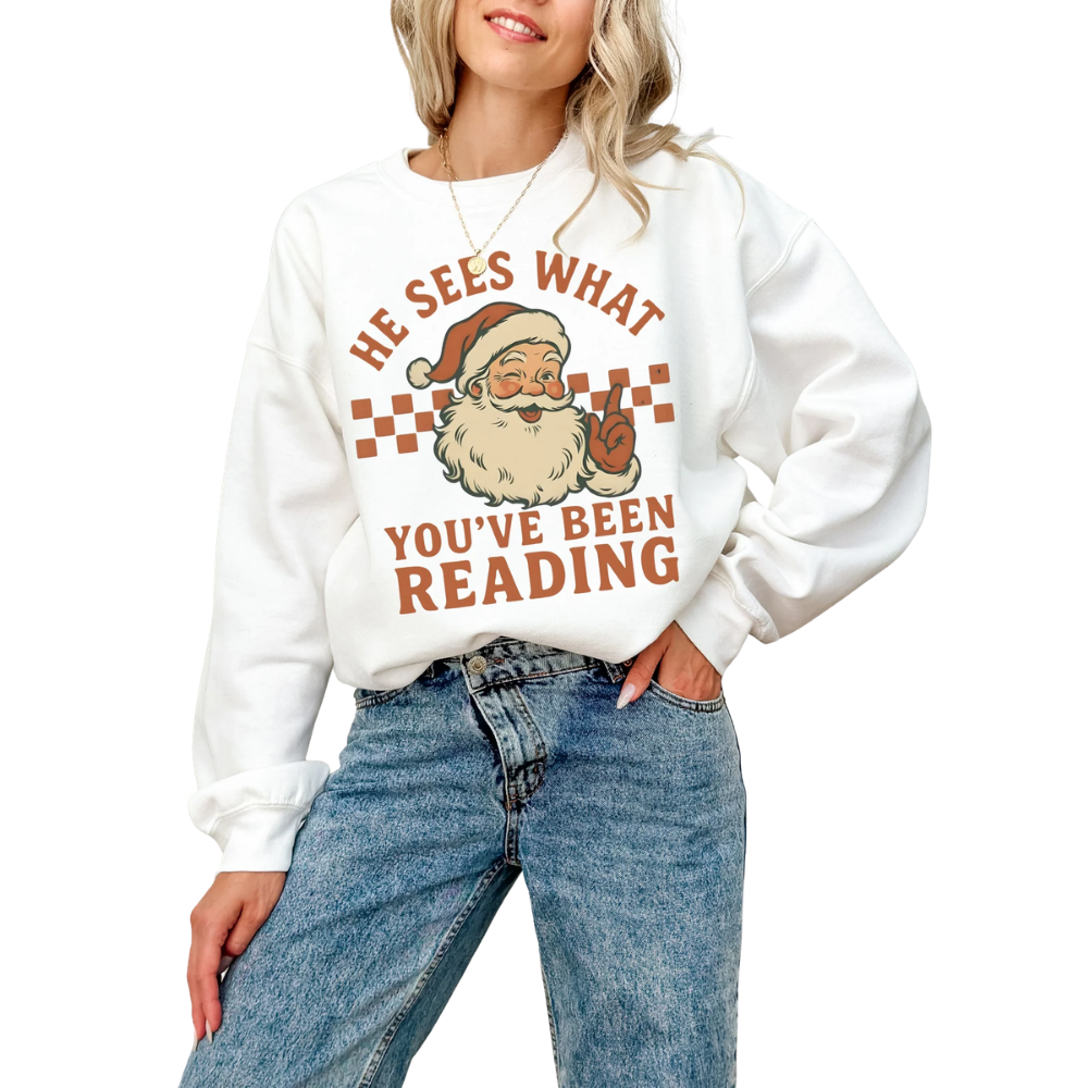 He Sees What You've Been Reading Funny Santa Book Sweatshirt, Christmas Bookish Sweatshirt 2D1025