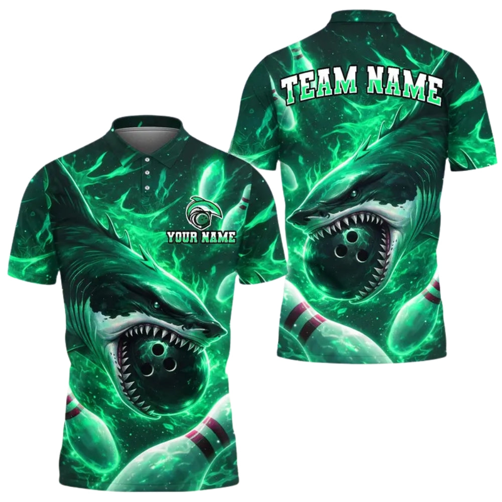 Custom Shark Cyan Bowling Polo Shirt For Men,Custom Shark Bowling Team Shirts BE0155