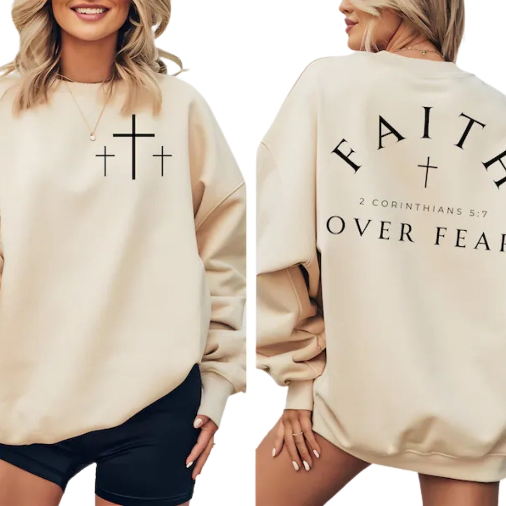 Faith over Fear 2 Corinthians 5:7 Sweatshirt, Minimal Christian Cross Sweatshirt 2D0308