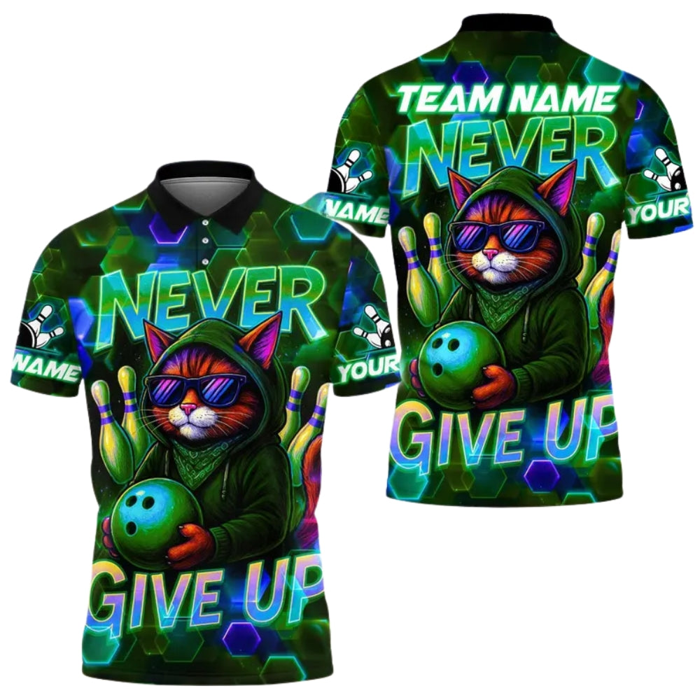 Never Give Up Custom Cat Neon Bowling Men's Polo Shirt, Custom Funny Cat Bowling Shirts For Team BE0156