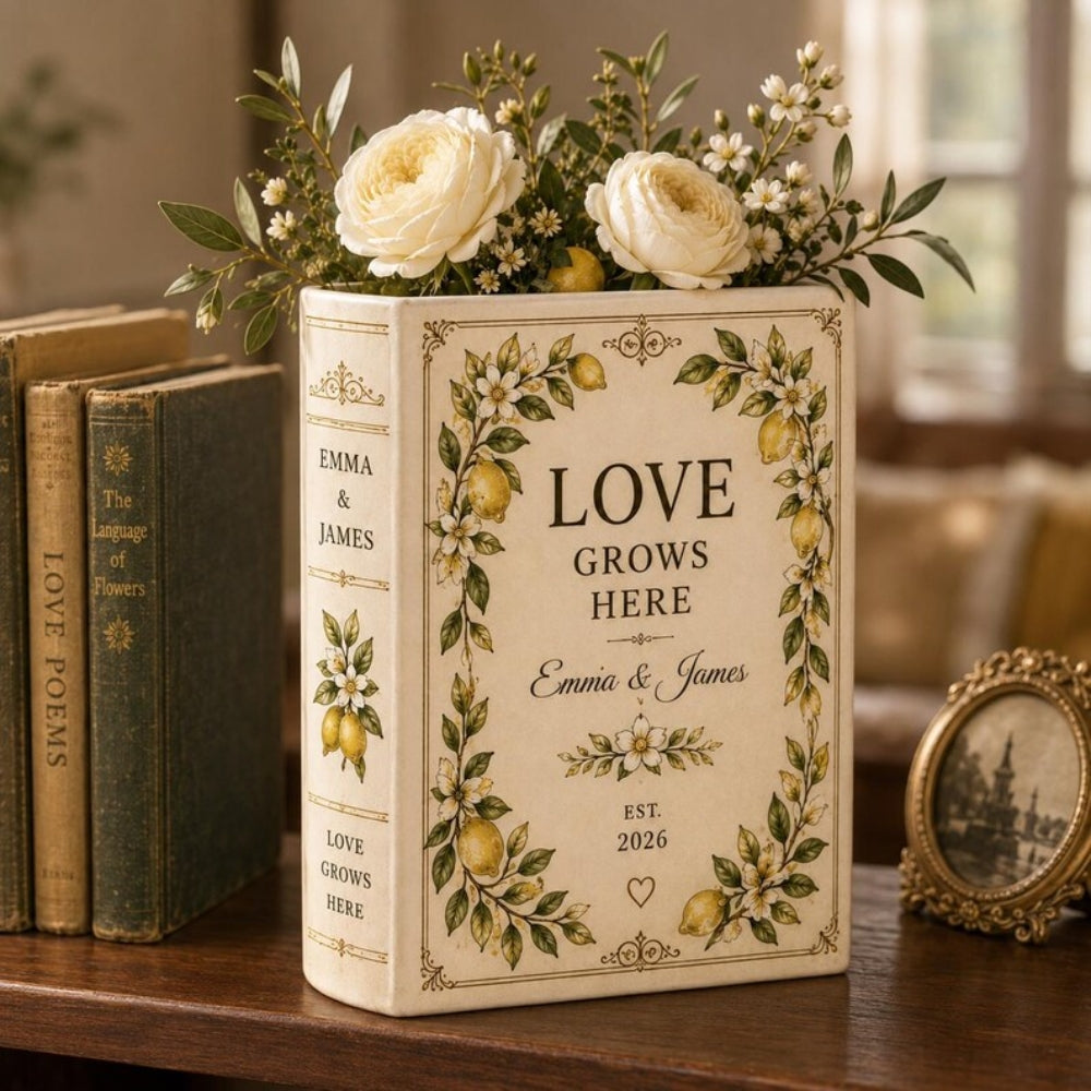 Love Grows Here Custom Lemon Blossom Wedding Ceramic Book Vase, Custom Lemon Book Vase For Wedding Engagement WD0658