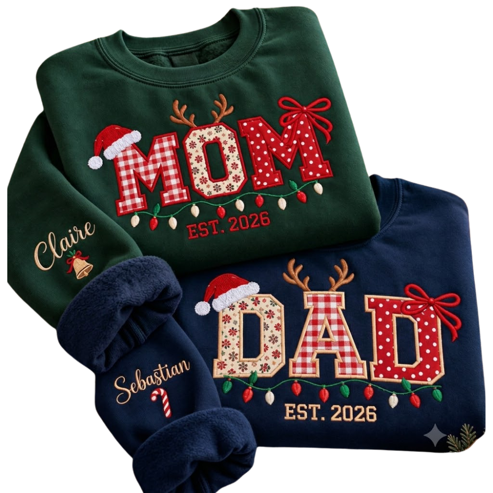 Custom Dad Mom Christmas Embroidered Sweatshirt Matching, Personalized Mom Dad Xmas Sweatshirt 2D1252