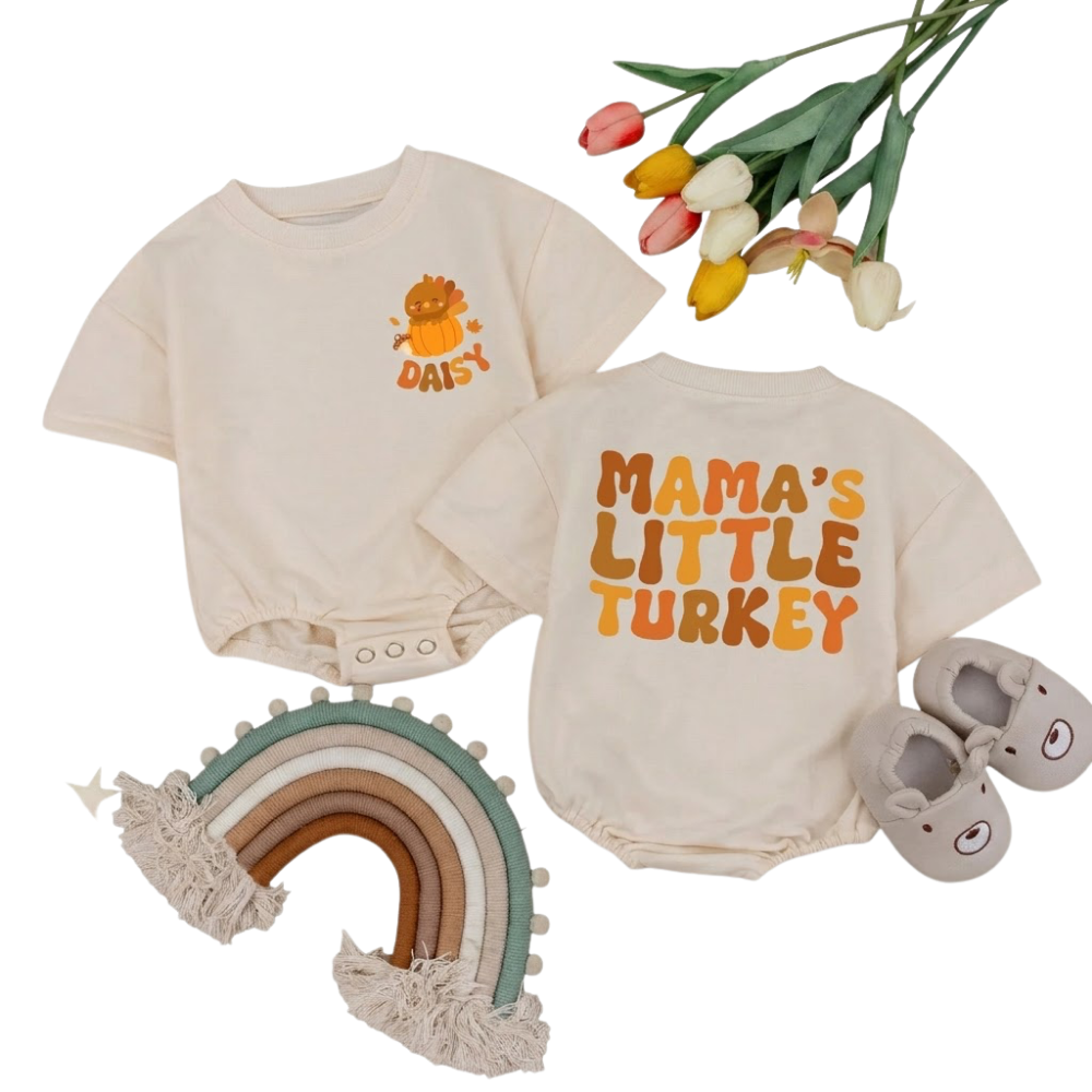 Custom Baby Name Mama's Little Turkey T Shirt Romper, Custom Thanksgiving Baby Romper BB0239