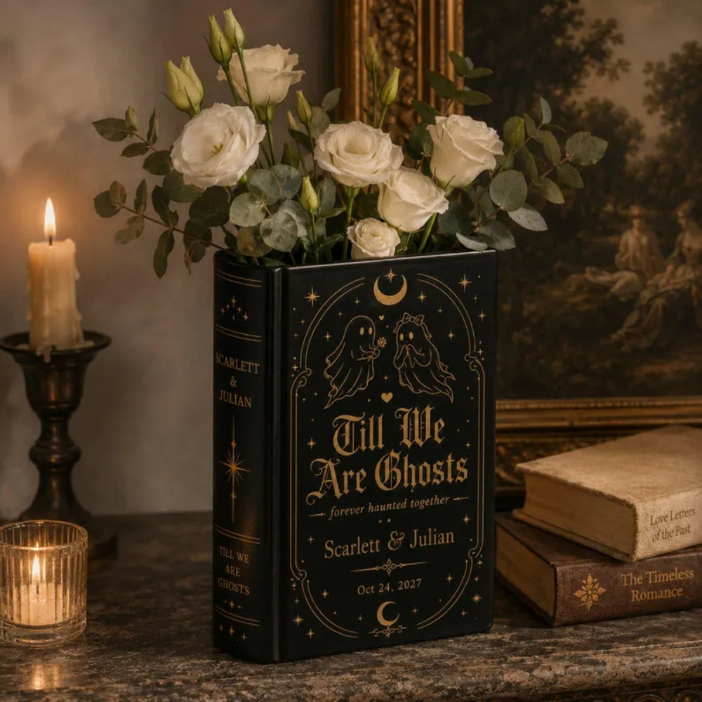 Custom Till We Are Ghosts Ceramic Book Vase For Wedding Engagement Anniversary, Custom Halloween Wedding Book Vase WD0659