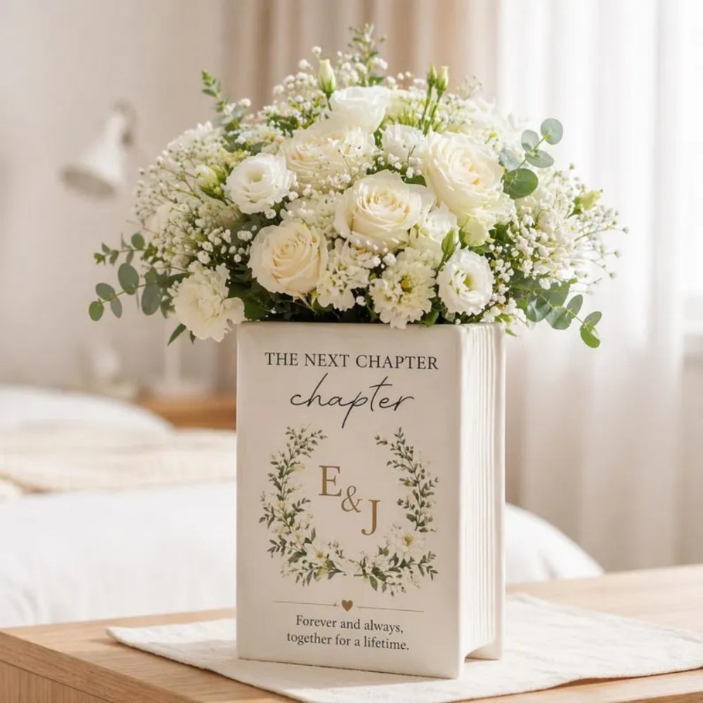 Custom Couple Initials The Next Chapter Engaged Ceramic Book Vase, Custom Engagement Book Vase WD0662