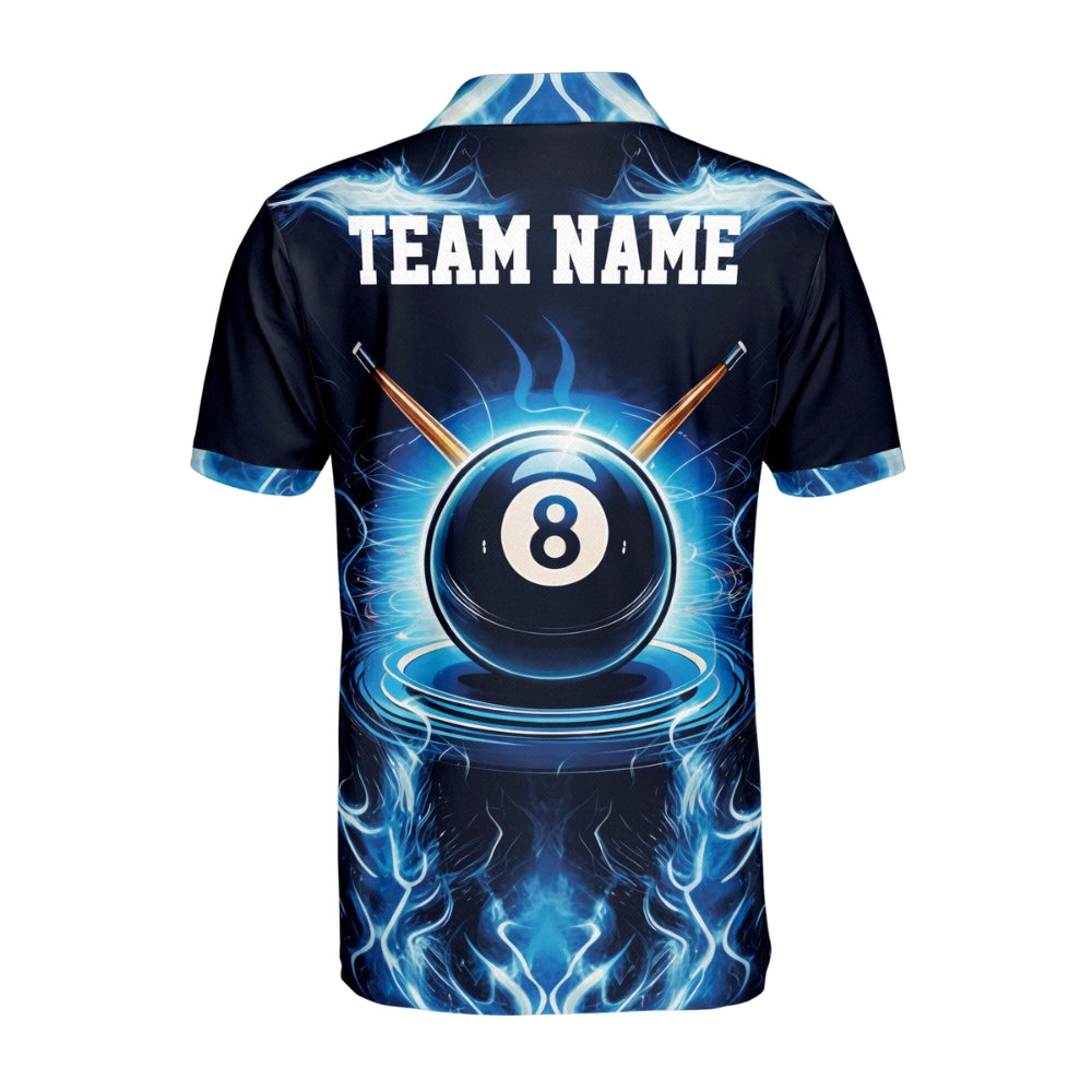 Custom Blue Flame Lightning 8 Ball Billiard Polo Shirt Mens, Custom Flame 8 Ball Pool Team Shirts BIZ0218