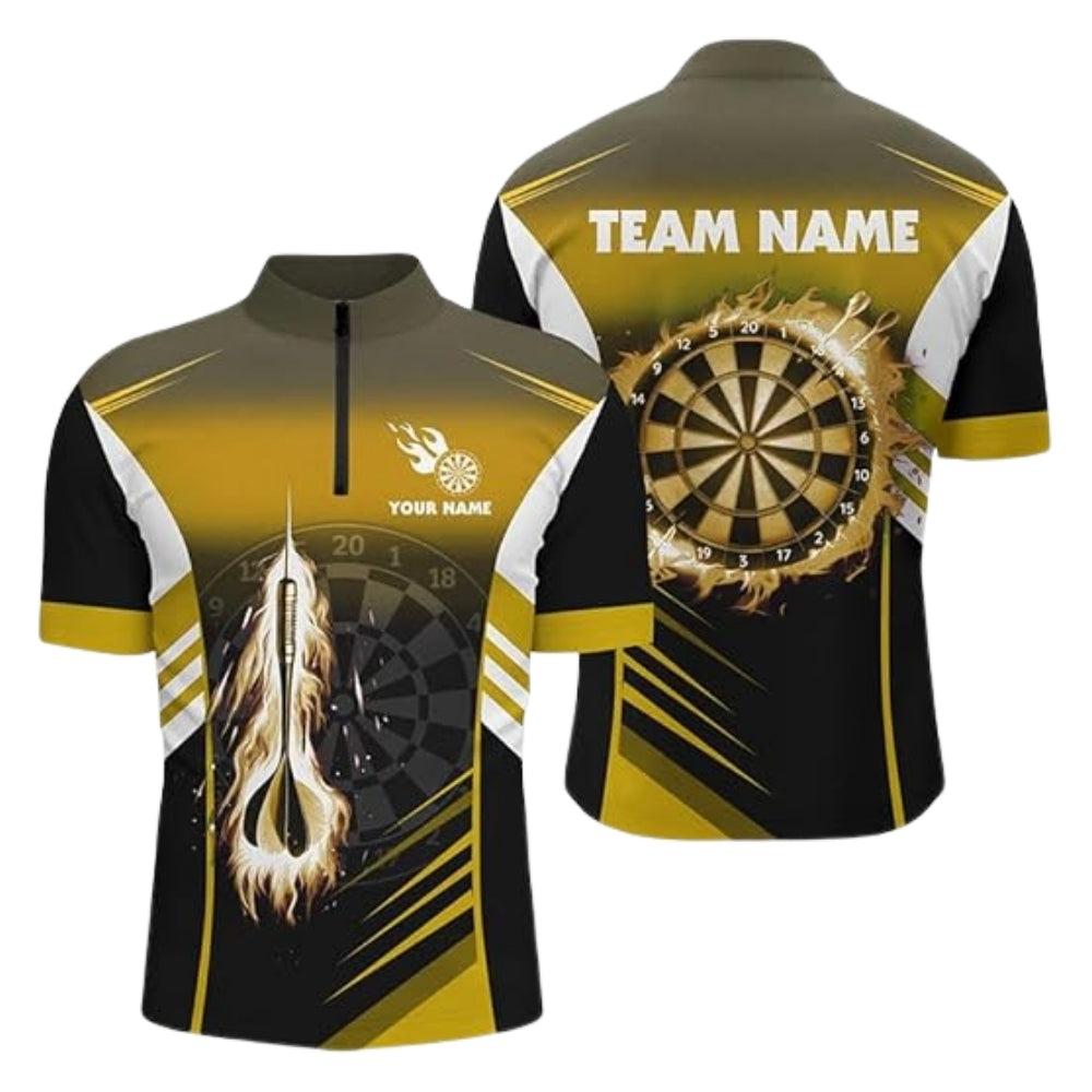 Black And Gold Custom Flame Darts Jersey Mens, Custom Darts Team Shirts DZ0039