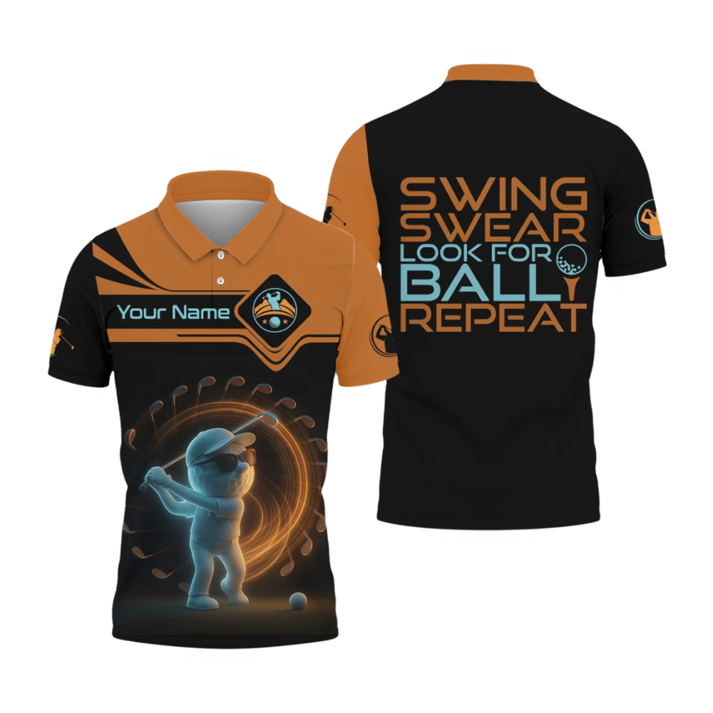 Swing Swear Look For Ball Repeat Personalized Golf Polo Shirts For Men Orange And Black, Customize Funny Golf Shirts GZ0460