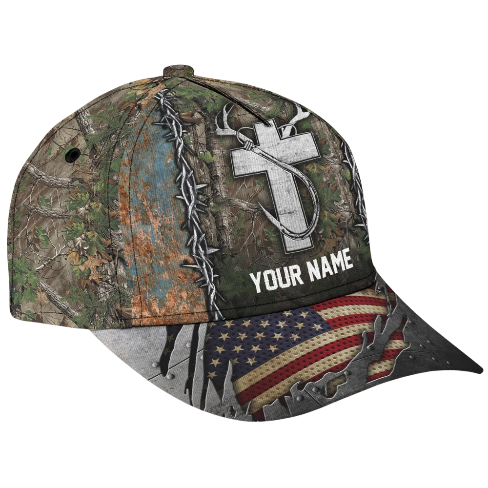 Custom Hunting Fishing Cross USA Flag Baseball Cap, Custom Name 3D Printed Cap For Hunter CP0549