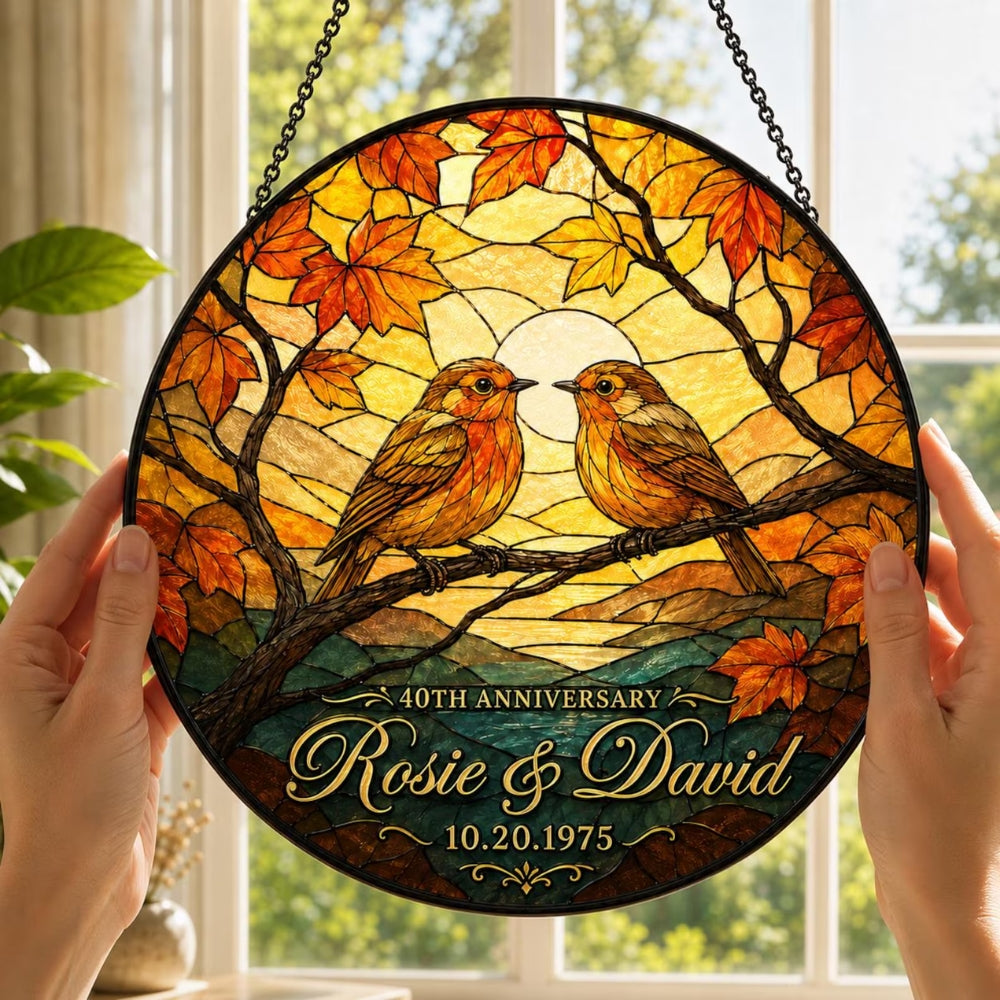 40th Wedding Anniversary Custom Bird Stained Glass Suncatcher For Couple, Custom Ruby Anniversary Suncatcher WD0379