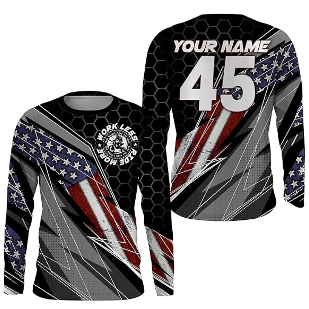 Word Less Ride More Custom USA Flag Racing Dirt Bike Long Sleeve Shirt For Men, Custom Patriotic Dirt Bike Jerseys MZ0008