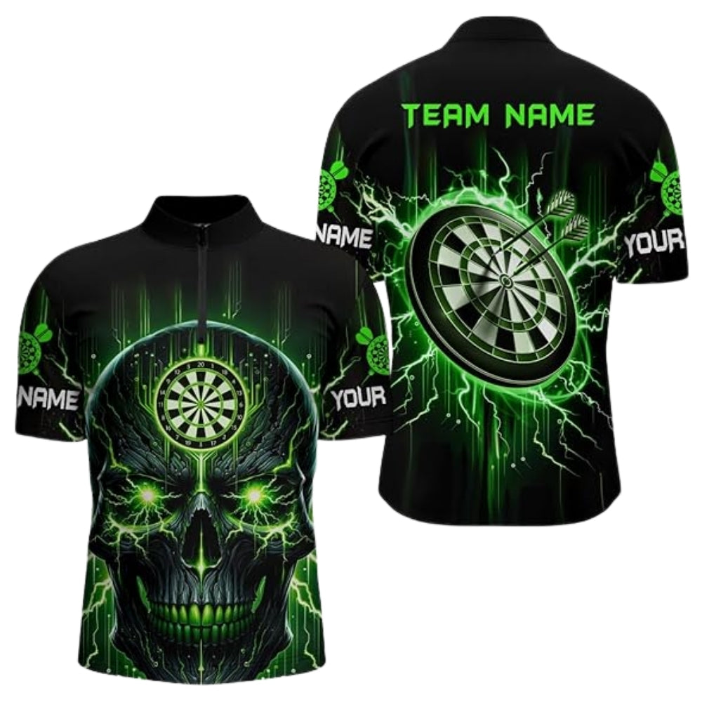 Custom Skull Thunder Black And Green Darts Jersey For Mens, Custom Skull Darts Team Shirts DZ0037