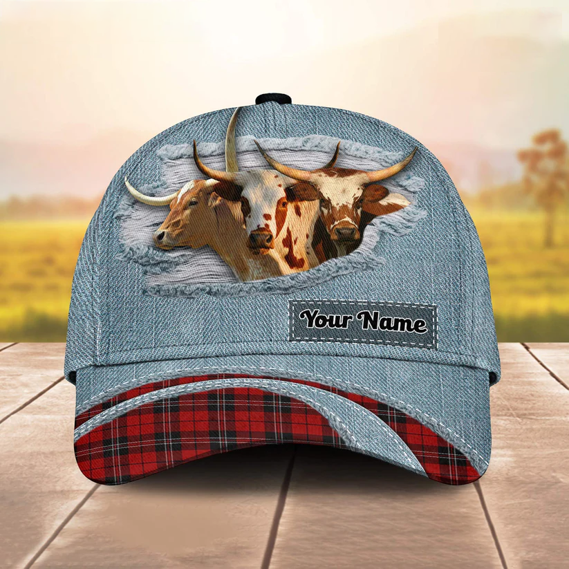 Texas Longhorn Red Caro And Jeans Pattern Customized Name Cap CA0085