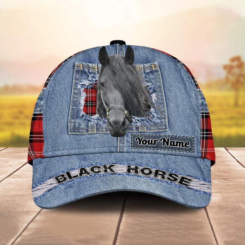 Black Horse Overall Jeans Pattern And Red Caro Pattern Customized Name Cap CA0185