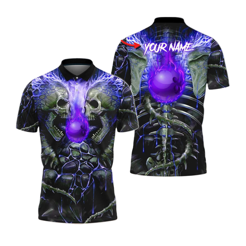 Custom Skull Flame Ball Bowling Polo Shirt For Men, Custom Skull Bowling Shirt BZ1053