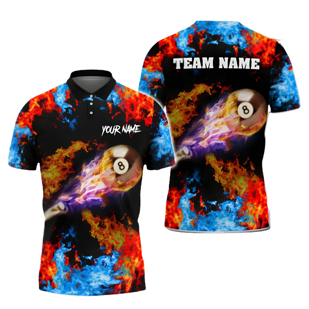 Flame Red Blue Custom Men's 8 Ball Polo Shirt, Custom Flame Billiard Shirt For Team BIZ0292