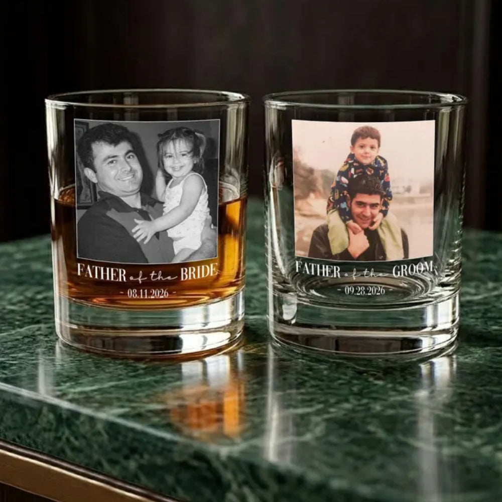 Father Of The Bride Groom Custom Photo Whiskey Glass, Custom Father Of The Couple Wedding Glass WD0361