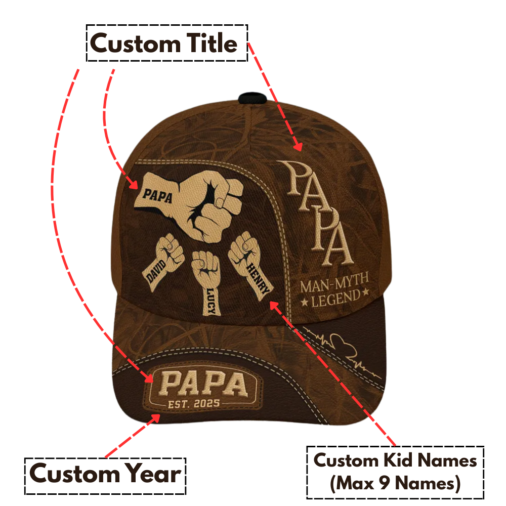 Papa Man Myth Legened Custom Fist Bump With Kid Names Baseball Cap, Custom Father Day Cap For Dad CP0153