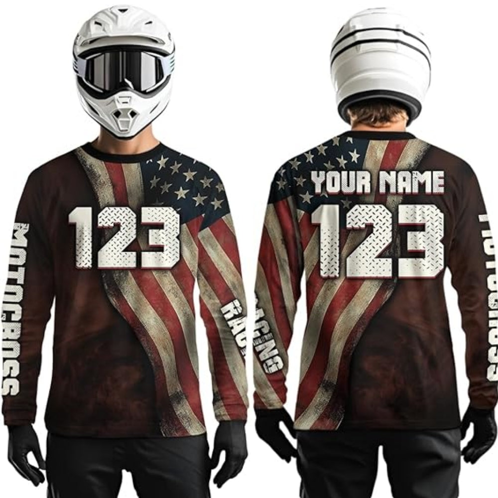 American Flag Custom Motocross Long Sleeve Jersey For Men, Custom Patriotic Motocross Shirts MZ0042