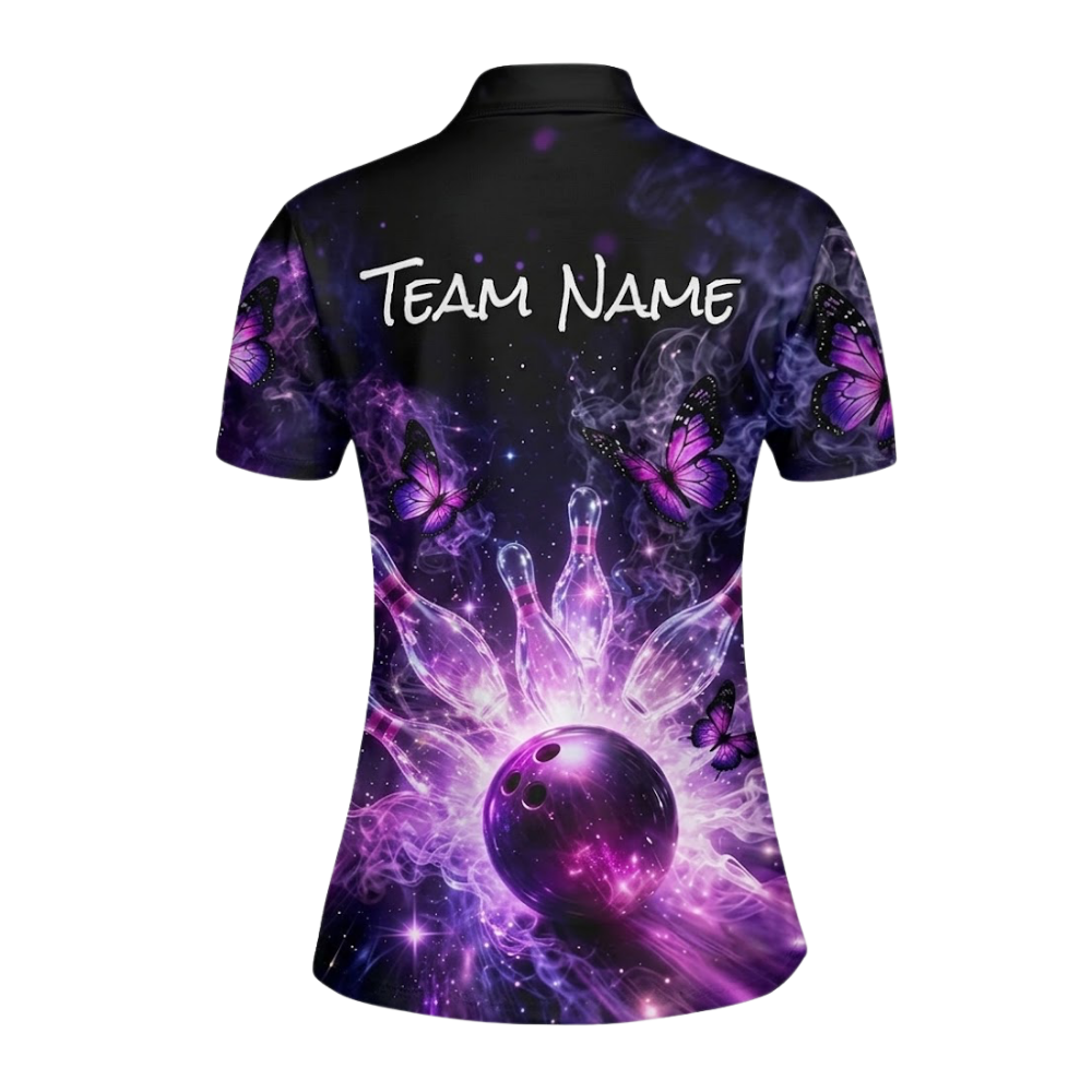 Custom Butterflies Purple Women's Bowling Polo Shirt, Custom Butterfly Bowling Team Shirt For Ladies BZ0775
