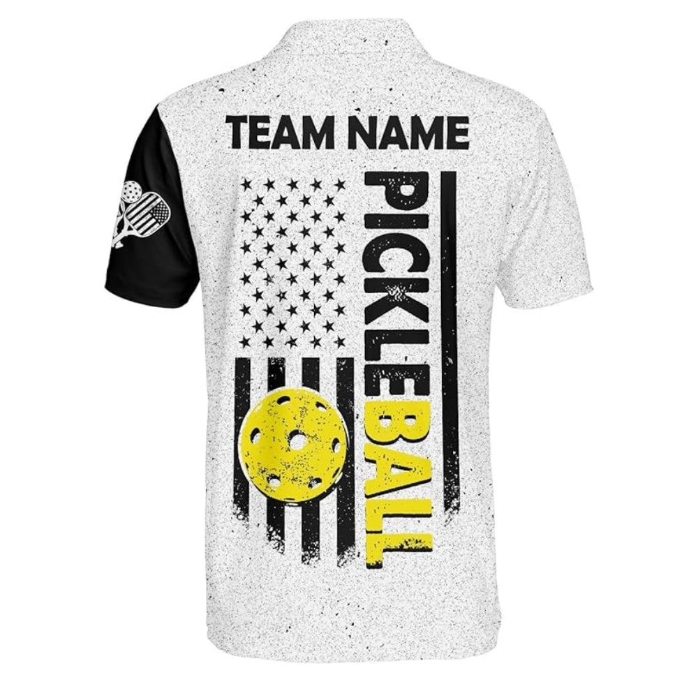 Custom US Flag Flame Pickleball Polo Shirt For Men, Custom Patriotic Pickleball Team Shirts PZ0005