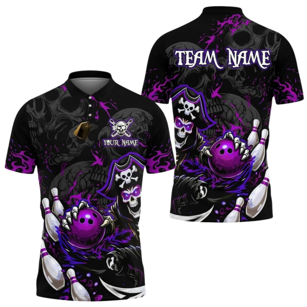 Custom Pirate Skull Bowling Men Polo Shirt Red Black, Custom Skull Bowling Team Shirt BZ0996