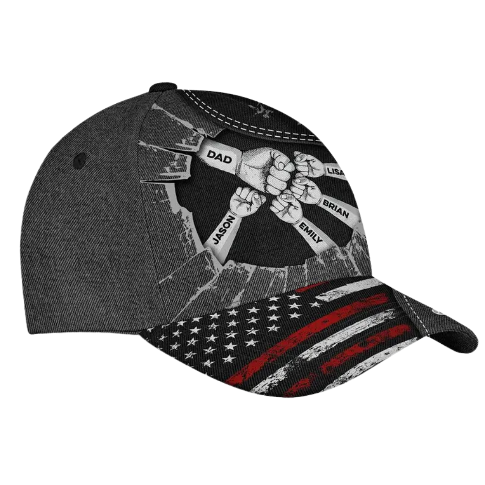 USA Flag Best Dad Ever Custom Fist Bump Dad Kid Names Baseball Cap, Custom Father Day Caps CP0155