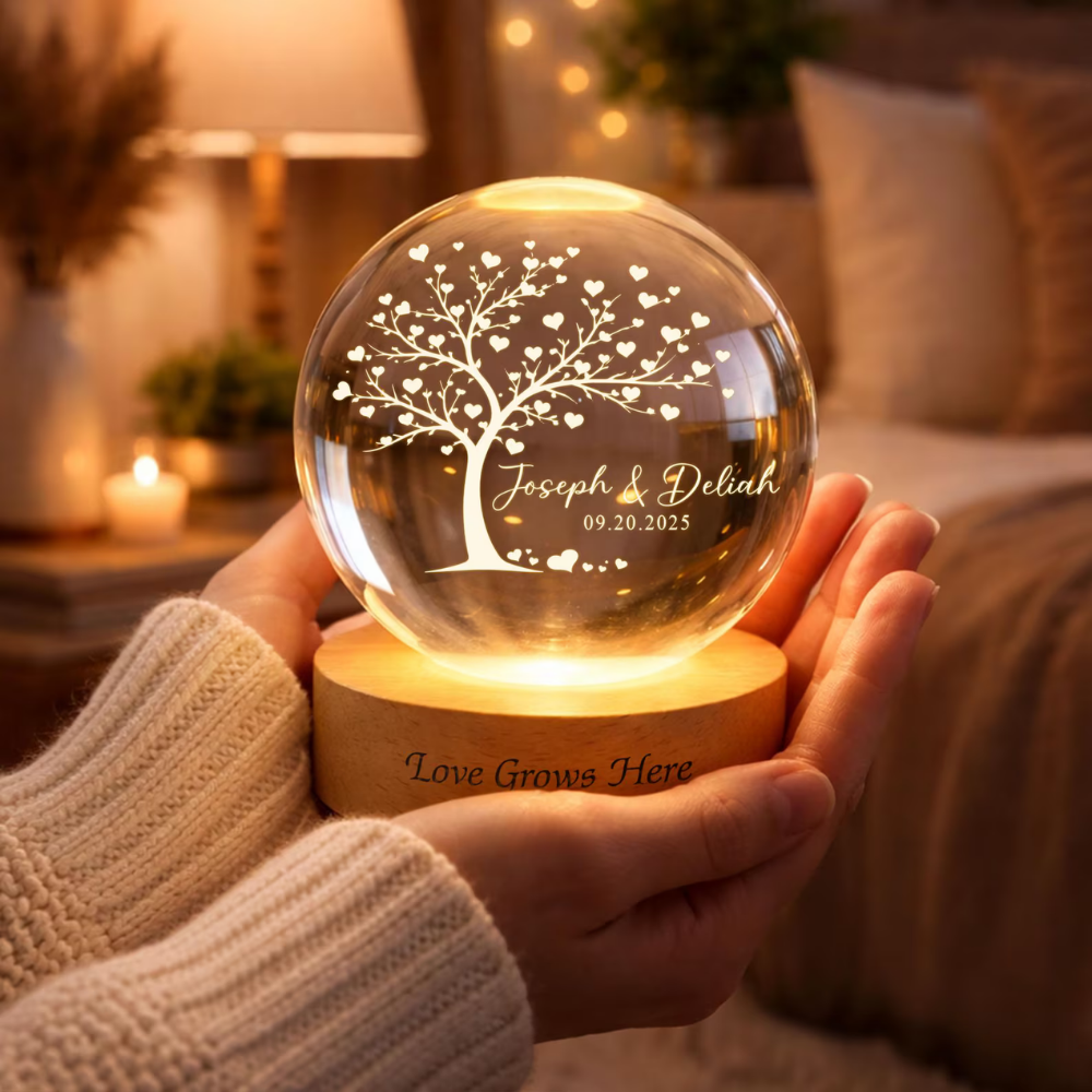 Love Grows Here Custom Tree Couple Name Crystal Ball Led Night Light, Custom Wedding Night Light WD0853