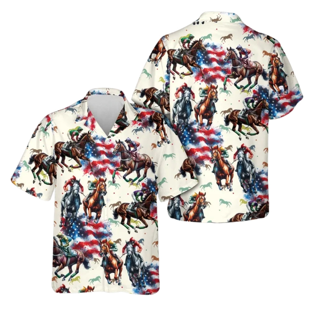 American Flag Horse Racing Hawaiian Shirt For Men, Patriotic Horse Racing Hawaiian Shirts HE0408