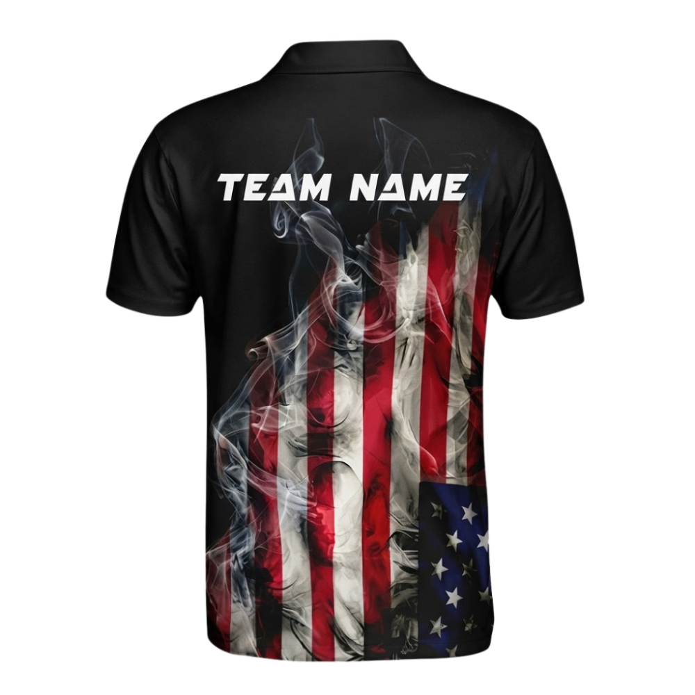 Custom American Flag Smoke Bowling Polo Shirt For Men, Custom Patriotic Bowling Team Shirt BZ1054