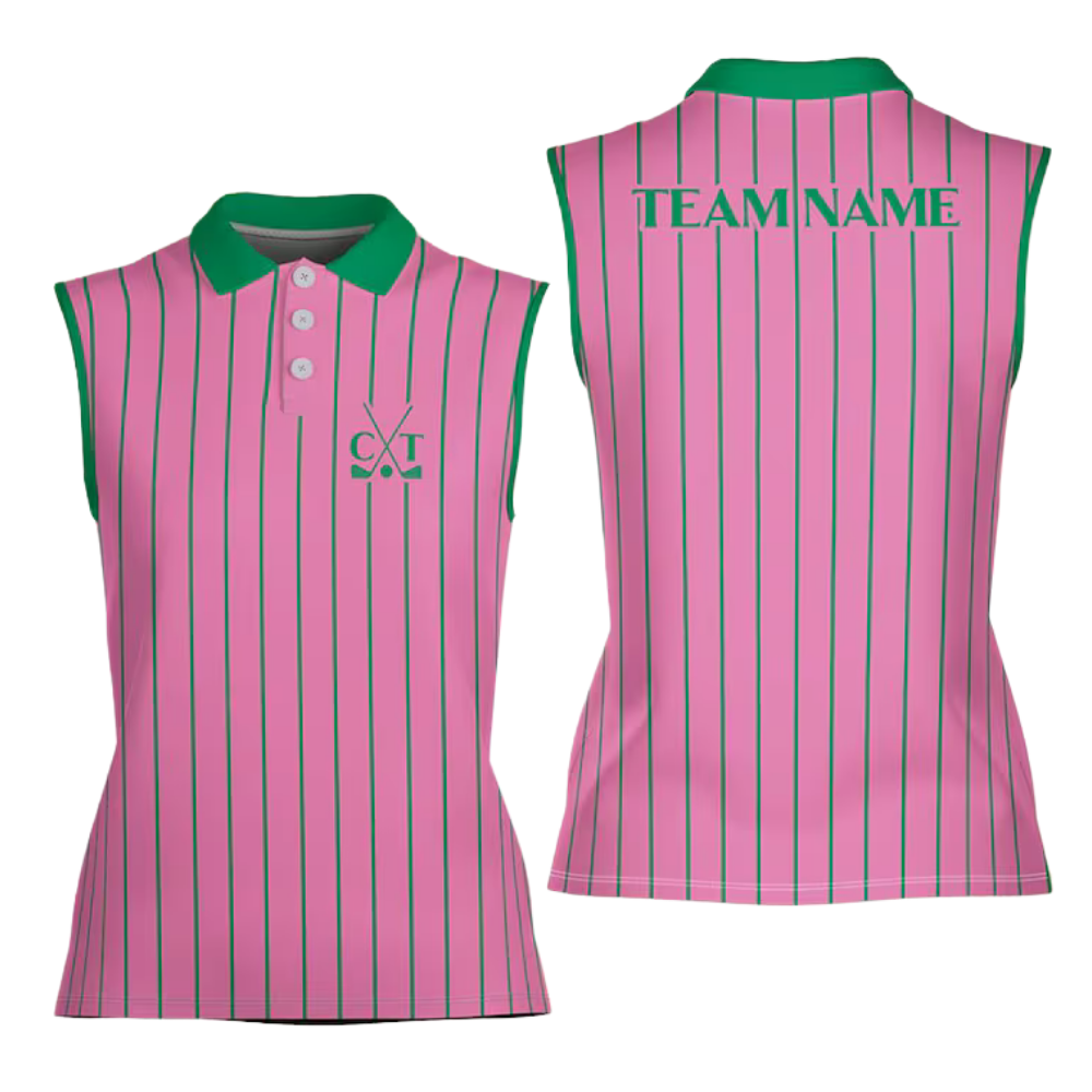 Custom Green Pink Womens Sleeveless Golf Shirt, Custom Team Golf Shirt For Women GE0571