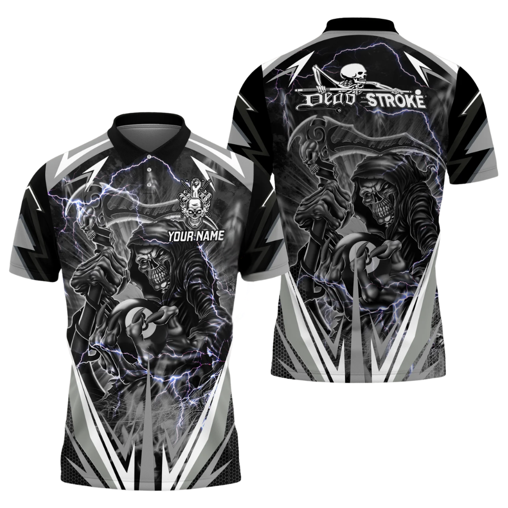 Custom Dead Stroke Skull 8 Ball Mens Blue Billiard Polo Shirt, Custom Skull Billiard Shirts BIZ0310