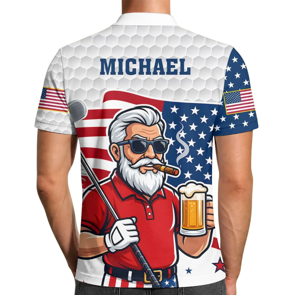 Custom Beer And Old Man American Flag Mens Golf Polo Shirt, Custom Patriotic Beer Golf Shirts GE0554