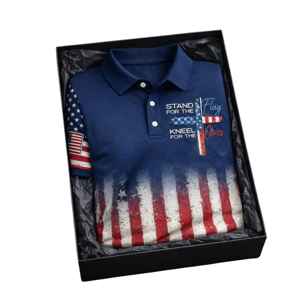 Stand For The Flag Kneel For The Cross USA Flag Golf Polo Shirt Mens, Patriotic Christian Golf Shirts GE0357