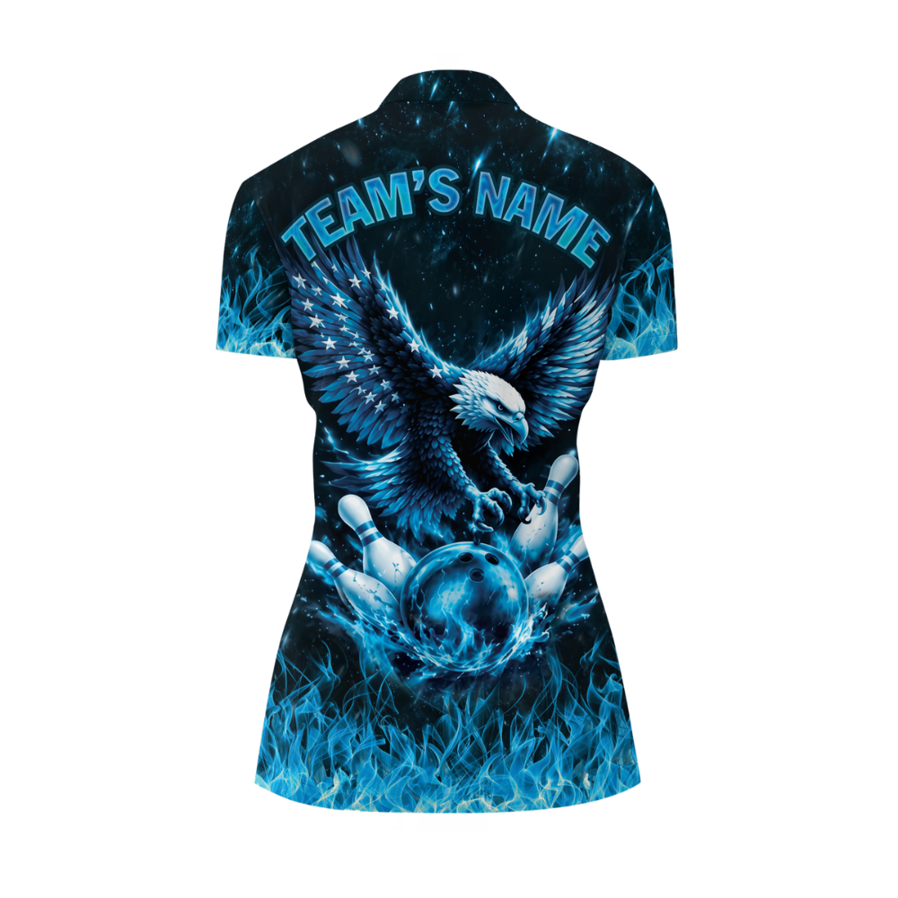 Custom Eagle Blue Flame Bowling Jersey Shirts Womens, Custom Eagle Bowling Team Shirts For Women BM0356