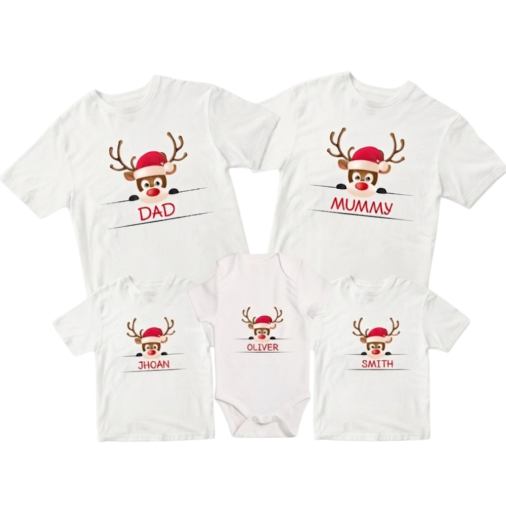 Personalized Reindeer Christmas Family Matching T Shirt, Custom Xmas Family Shirts ET1179
