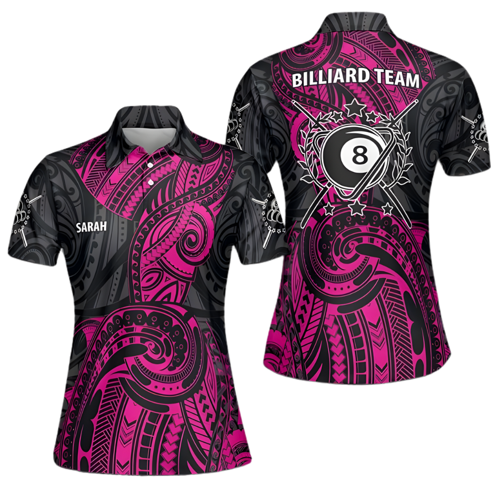 Pink Tribal Custom 8 Ball Billiard Polo Shirt Women, Custom Tribal Billiard Team Shirts For Ladies BIZ0180